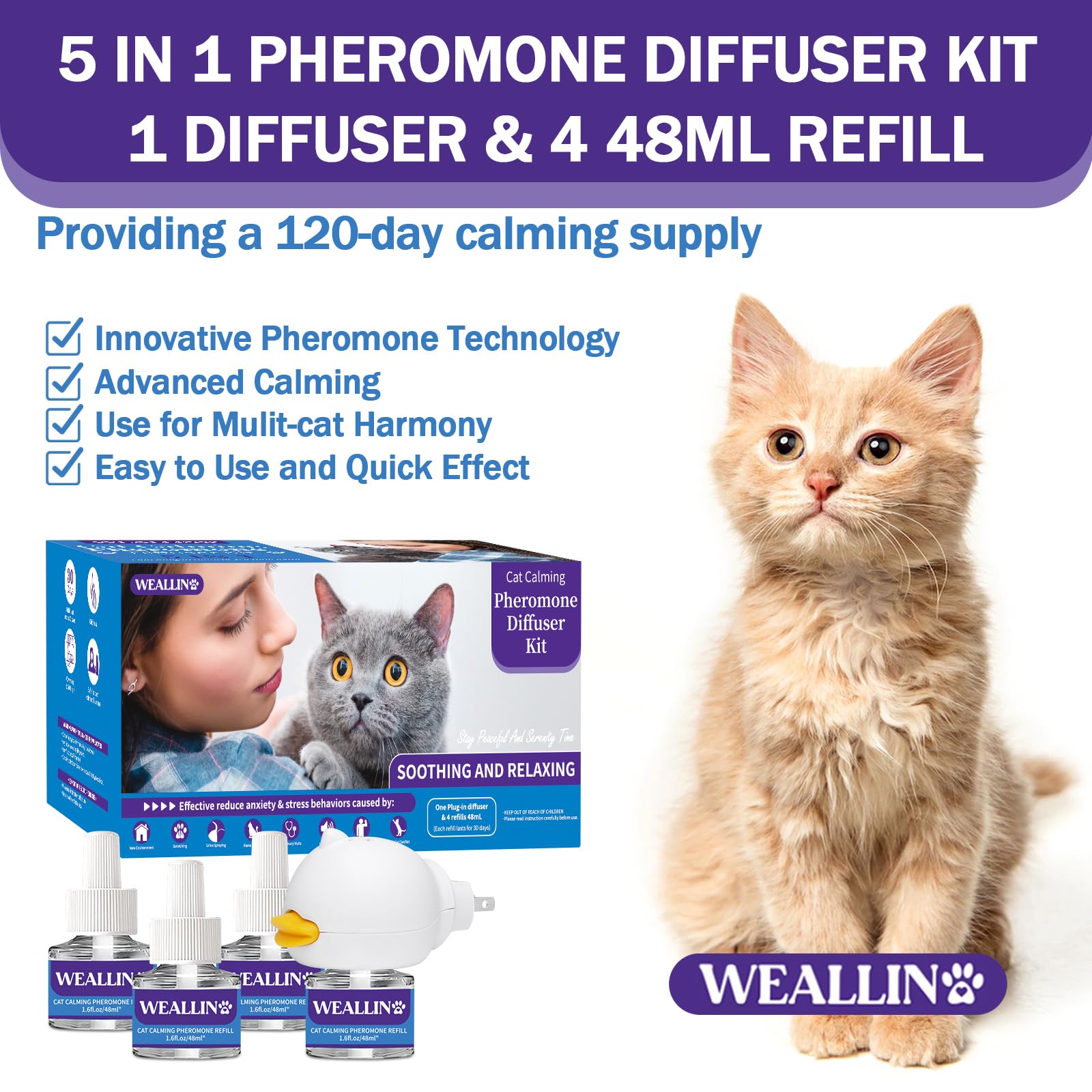 WEALLIN Cat Pheromones Calming Diffuser - Cat Calming Diffuser Kit Relieve Anxiety & Stress - 5-in-1 Cat Pheromone Diffuser Kit with 1 Diffuser + 4 Refill 48ml Vial-120 Days of Comfort and Relaxation