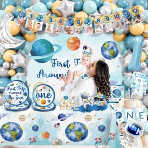 cocomigo 190pcs First Trip Around The Sun Decorations Set, Include Balloon Arch Kit, Backdrop, Plates, Tablecloth, Ballon Box, Etc, for 1st Trip Around The Sun Birthday Decorations Baby Shower