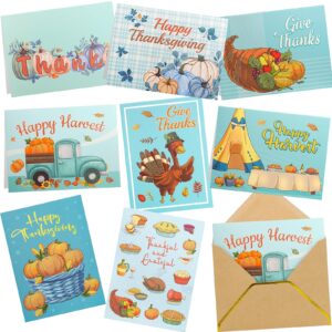 WorldBazaar Glitter Thanksgiving Greeting Cards with Envelopes 24 Pack Blue Thanksgiving Blank Inside Cards Bulk Party Supplies Turkey Harvest Thanks