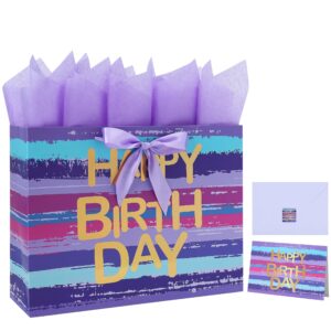 16.5” extra large purple-blue multicolor watercolor gift bag set with greeting card and lavender tissue papers (gold foil ‘happy birthday’) for women's or men's birthday party, girls', boys' or kids' party, baby shower, baby girl or boy -16.5”x5.5”x12.6”,