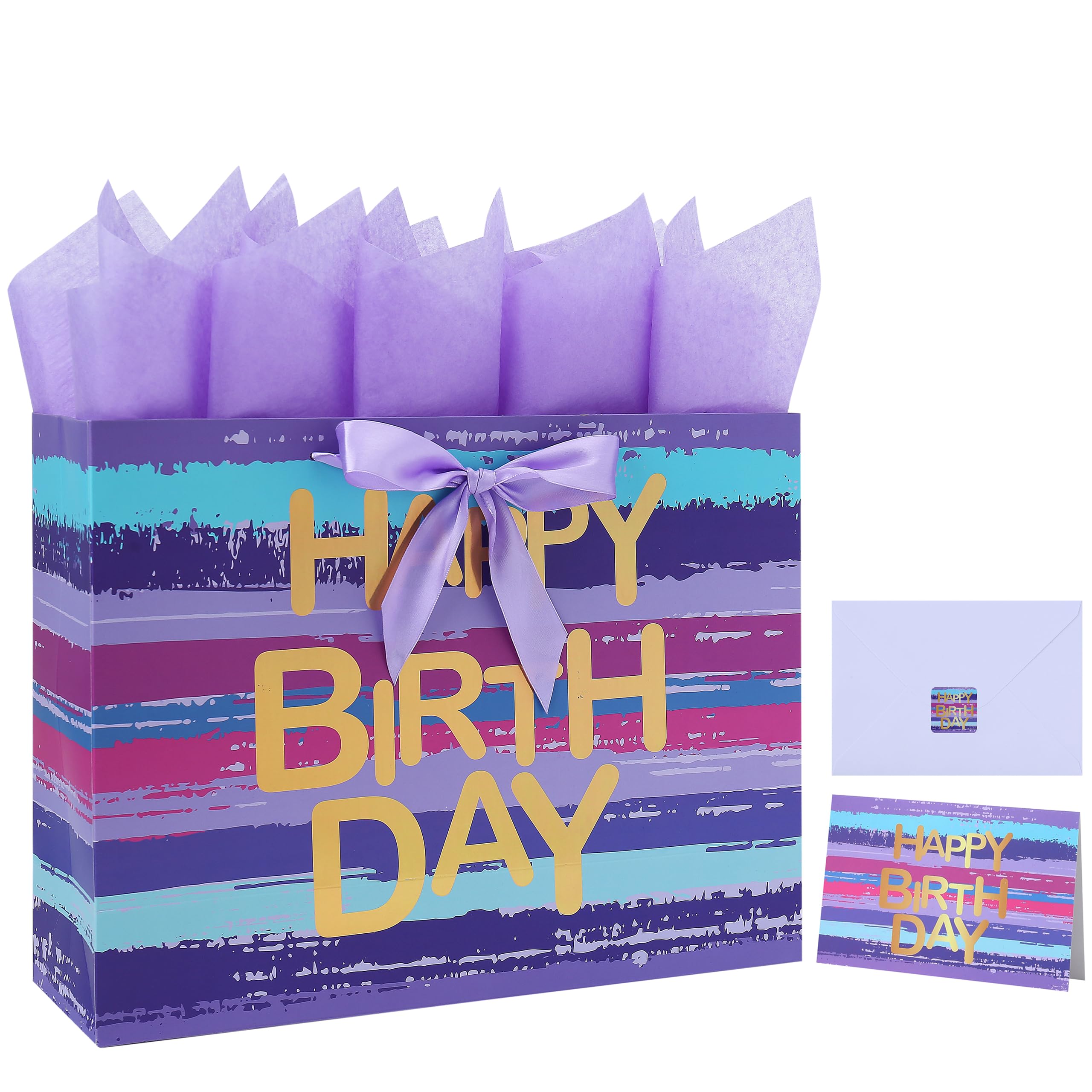 16.5” Extra Large Purple-blue Multicolor Watercolor Gift Bag Set with Greeting Card and Lavender Tissue Papers (Gold Foil ‘Happy Birthday’) for Women's or Men's Birthday Party, Girls', Boys' or Kids' Party, Baby Shower, Baby Girl or Boy -16.5”x5.5”x12.6”,