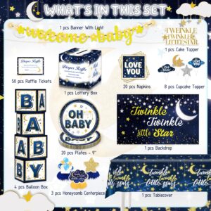 202pcs Twinkle Twinkle Little Star Baby Shower Decorations, Twinkle Twinkle Little Star Gender Reveal Decorations, Navy Blue White Gold Moon and Stars Baby Shower Decorations for Baby Gender Reveal