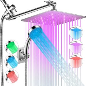 shower head with led, high pressure 10'' rain shower head with 11'' adjustable extension arm, led shower head color changing based on water temperture, stainless steel shower head with hose, chrome