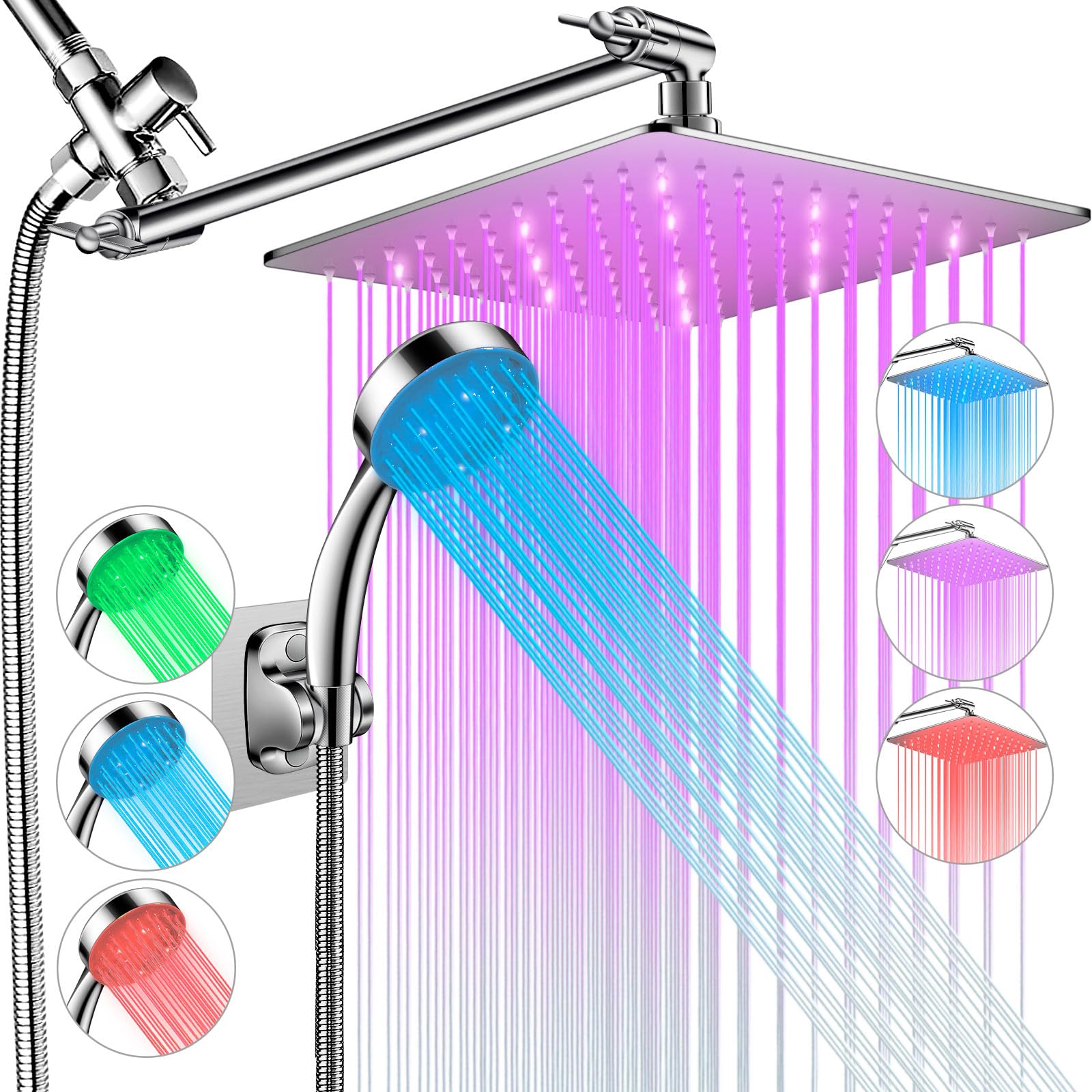 Shower Head with LED, High Pressure 10'' Rain Shower Head with 11'' Adjustable Extension Arm, LED Shower Head Color Changing Based On Water Temperture, Stainless Steel Shower Head with Hose, Chrome