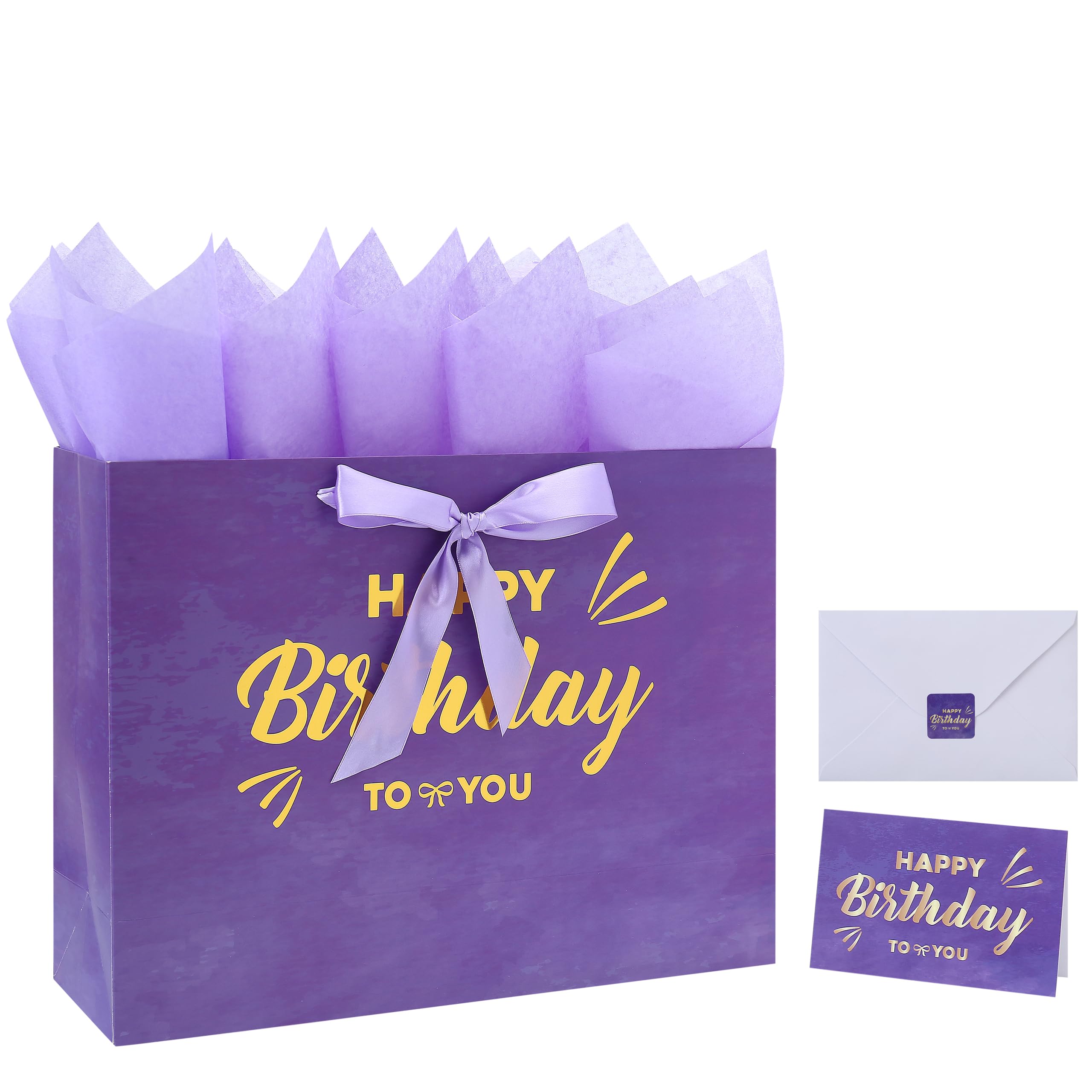 16.5" Extra Large Purple Painting Gift Bag Set with Greeting Card and Lavender Tissue Papers (Gold Foil Happy Birthday) for Women's Birthday Party, Girls' Birthday Parties, Baby Shower, Baby Girl - 16.5”x5.5”x12.6”, 1 Pcs.