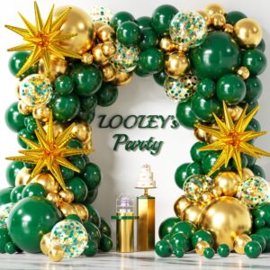 137Pcs Green and Gold Balloons Garland Arch Kit with Stars - 5 10 12 18 inch Dark Green Gold Confetti Latex Balloons for Birthday Baby Shower Emerald Green Jungle Party Decorations