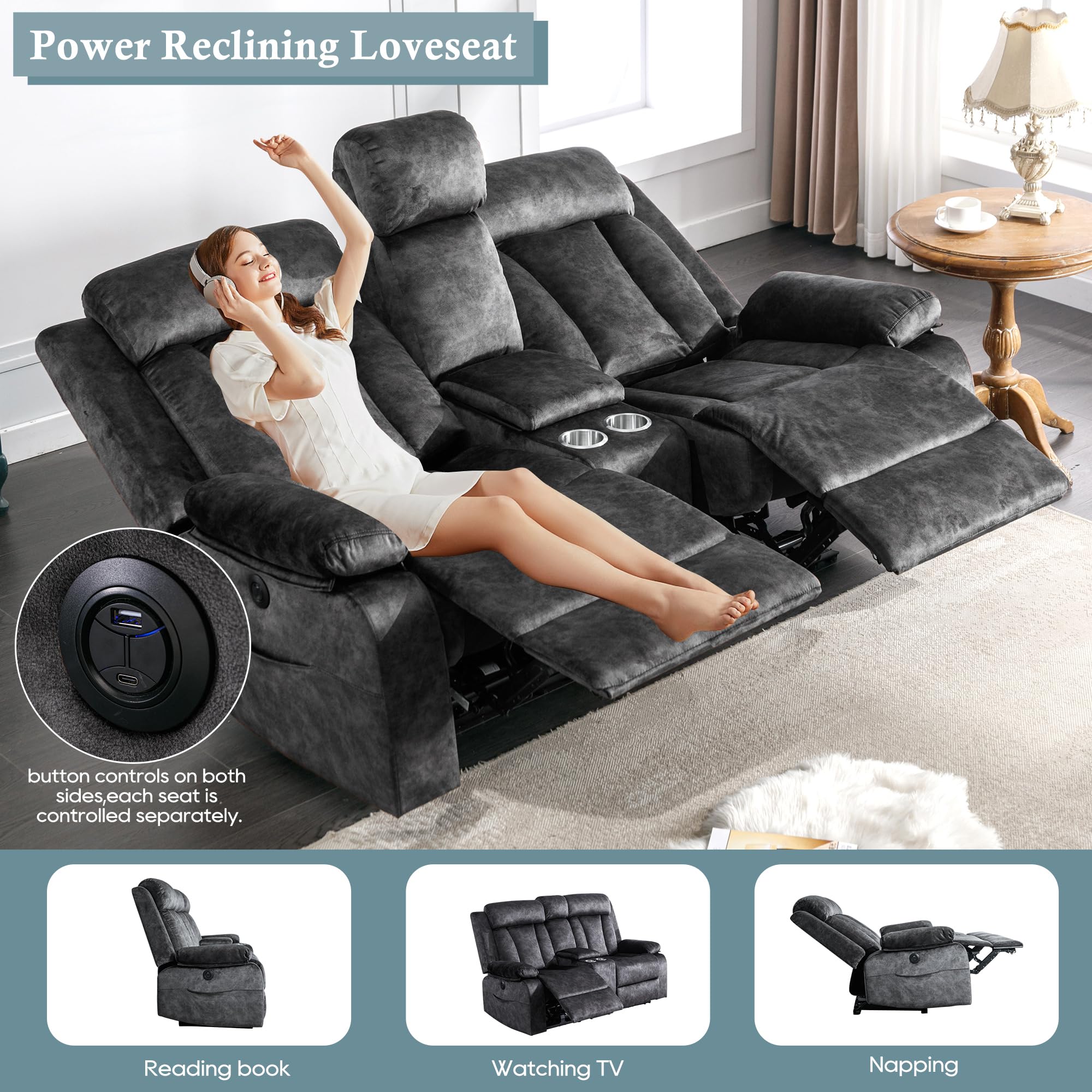 GUEAPY Reclining Loveseat-Power Reclining Loveseat with Console,Double Recliner Loveseat with Heat and Massage,Electric Loveseat Recliner with Cup Holders,USB & Type-C Charge Ports for Living Room,RV