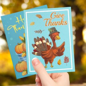 WorldBazaar Glitter Thanksgiving Greeting Cards with Envelopes 24 Pack Blue Thanksgiving Blank Inside Cards Bulk Party Supplies Turkey Harvest Thanks