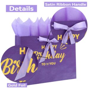 16.5" Extra Large Purple Painting Gift Bag Set with Greeting Card and Lavender Tissue Papers (Gold Foil Happy Birthday) for Women's Birthday Party, Girls' Birthday Parties, Baby Shower, Baby Girl - 16.5”x5.5”x12.6”, 1 Pcs.