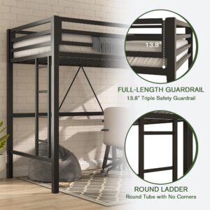 MUTICOR Loft Bed Frame for Juniors&Adults, Metal Loft Bed Twin Size with Safety Guardrail&Removable Ladder, Space-Saving, Noise Free, Matte Black