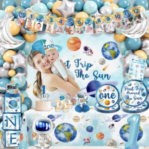 cocomigo 190pcs First Trip Around The Sun Decorations Set, Include Balloon Arch Kit, Backdrop, Plates, Tablecloth, Ballon Box, Etc, for 1st Trip Around The Sun Birthday Decorations Baby Shower