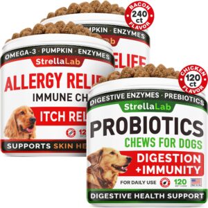 allergy relief + probiotics for dogs bundle - itchy skin treatment + digestion&gut health - omega 3&pumpkin + probiotics - allergy&anti itch support supplement + upset stomach&gas relief - made in usa