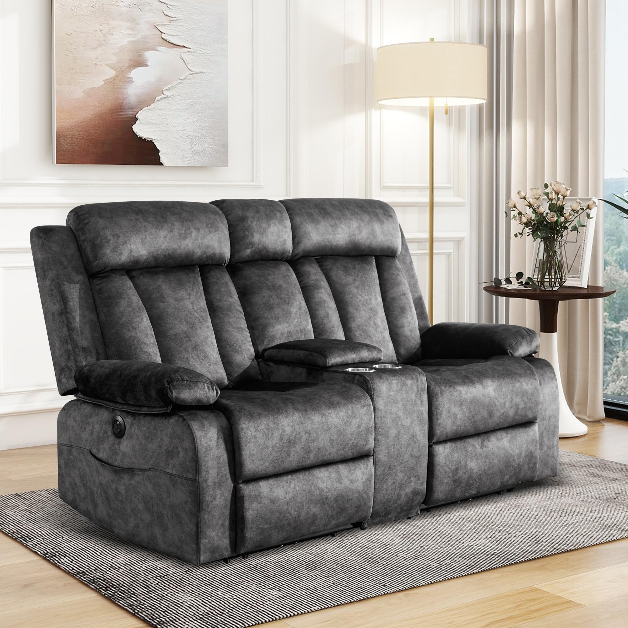 GUEAPY Reclining Loveseat-Power Reclining Loveseat with Console,Double Recliner Loveseat with Heat and Massage,Electric Loveseat Recliner with Cup Holders,USB & Type-C Charge Ports for Living Room,RV