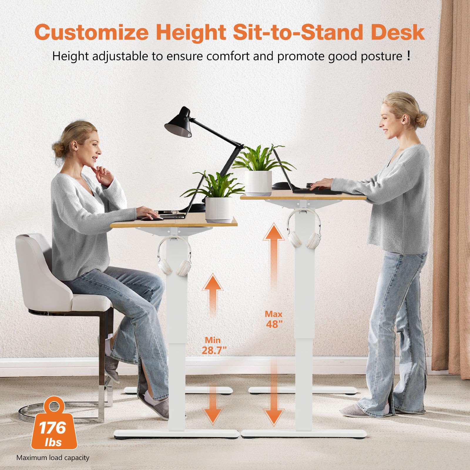 Sweetcrispy Electric Adjustable Height Standing Desk - 63 x 24 inch Sit to Stand Up Desk with Splice Board, Rising Home Office Computer Table with 2 Hook and Wire Hole for Work