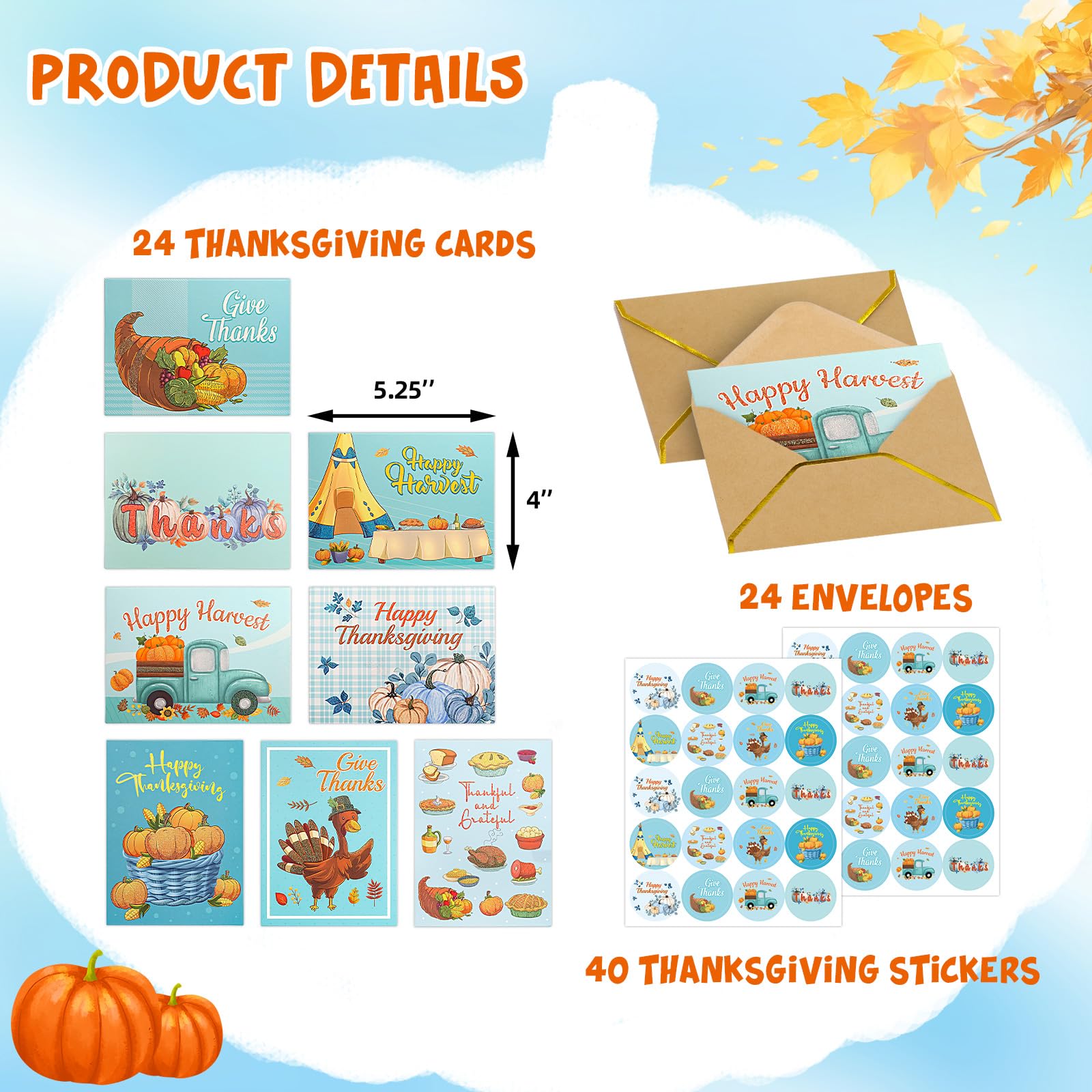 WorldBazaar Glitter Thanksgiving Greeting Cards with Envelopes 24 Pack Blue Thanksgiving Blank Inside Cards Bulk Party Supplies Turkey Harvest Thanks