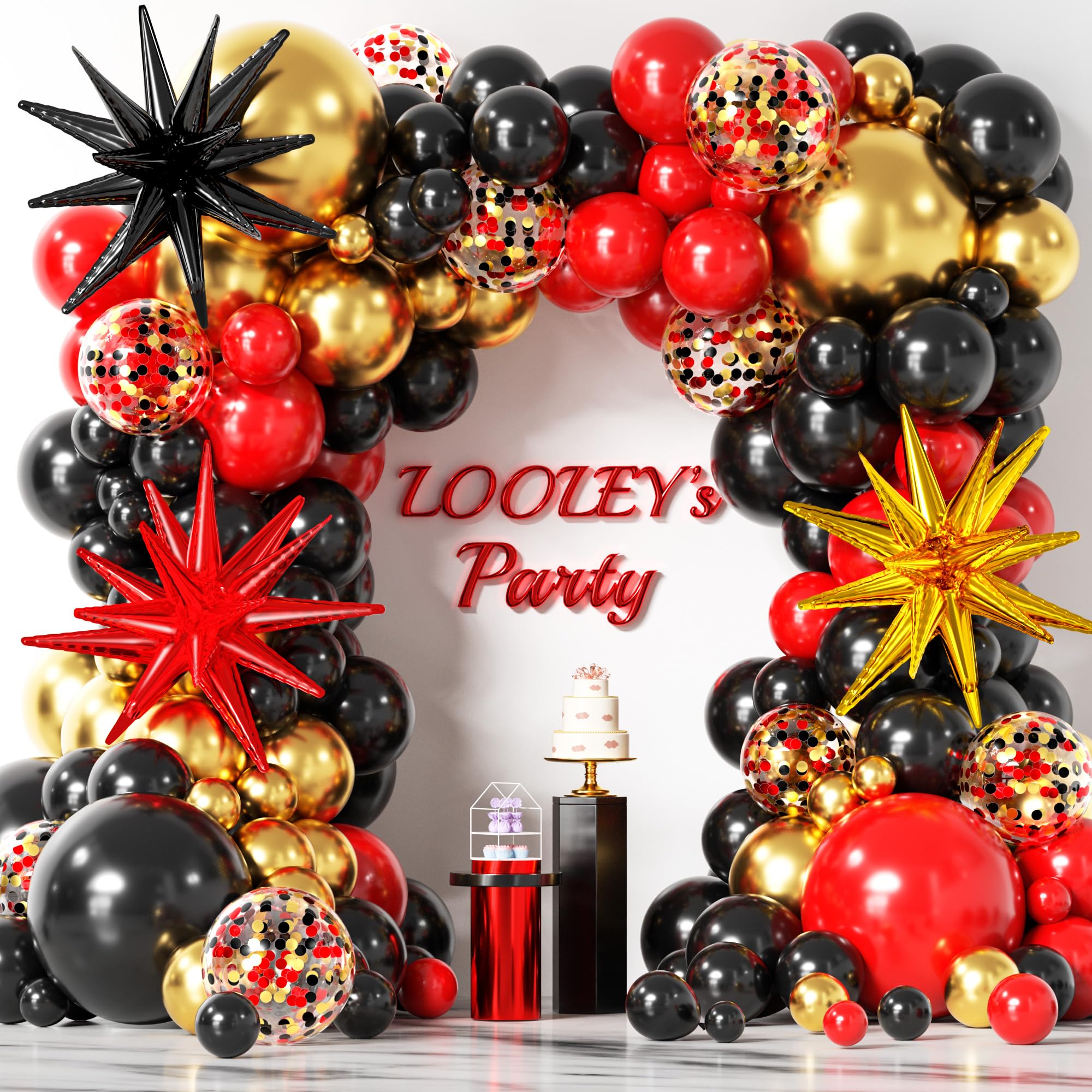 137Pcs Red Black and Gold Balloons Garland Arch Kit with Stars - 5 10 12 18 inch Red Black Gold Confetti Latex Balloons with Starburst Balloons for Graduation Hollywood Casino Theme Party Decorations