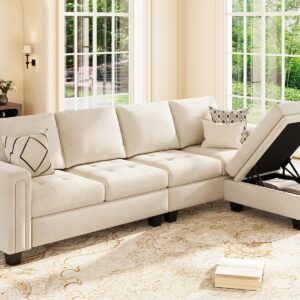 Belffin Velvet Reversible Sectional Sofa with Chasie Convertible L Shaped 4-seat Sectional Couch with Storage Ottoman Beige