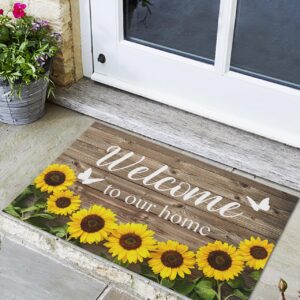 Front Door Mat Indoor Outdoor Entrance, Welcome Sunflower on a Wooden Board Non-Slip Doormat Fade Resistant, Low Profile, Easy Clean Patio Porch Entryway Mat 36x24 inches