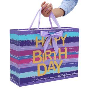 16.5” Extra Large Purple-blue Multicolor Watercolor Gift Bag Set with Greeting Card and Lavender Tissue Papers (Gold Foil ‘Happy Birthday’) for Women's or Men's Birthday Party, Girls', Boys' or Kids' Party, Baby Shower, Baby Girl or Boy -16.5”x5.5”x12.6”,