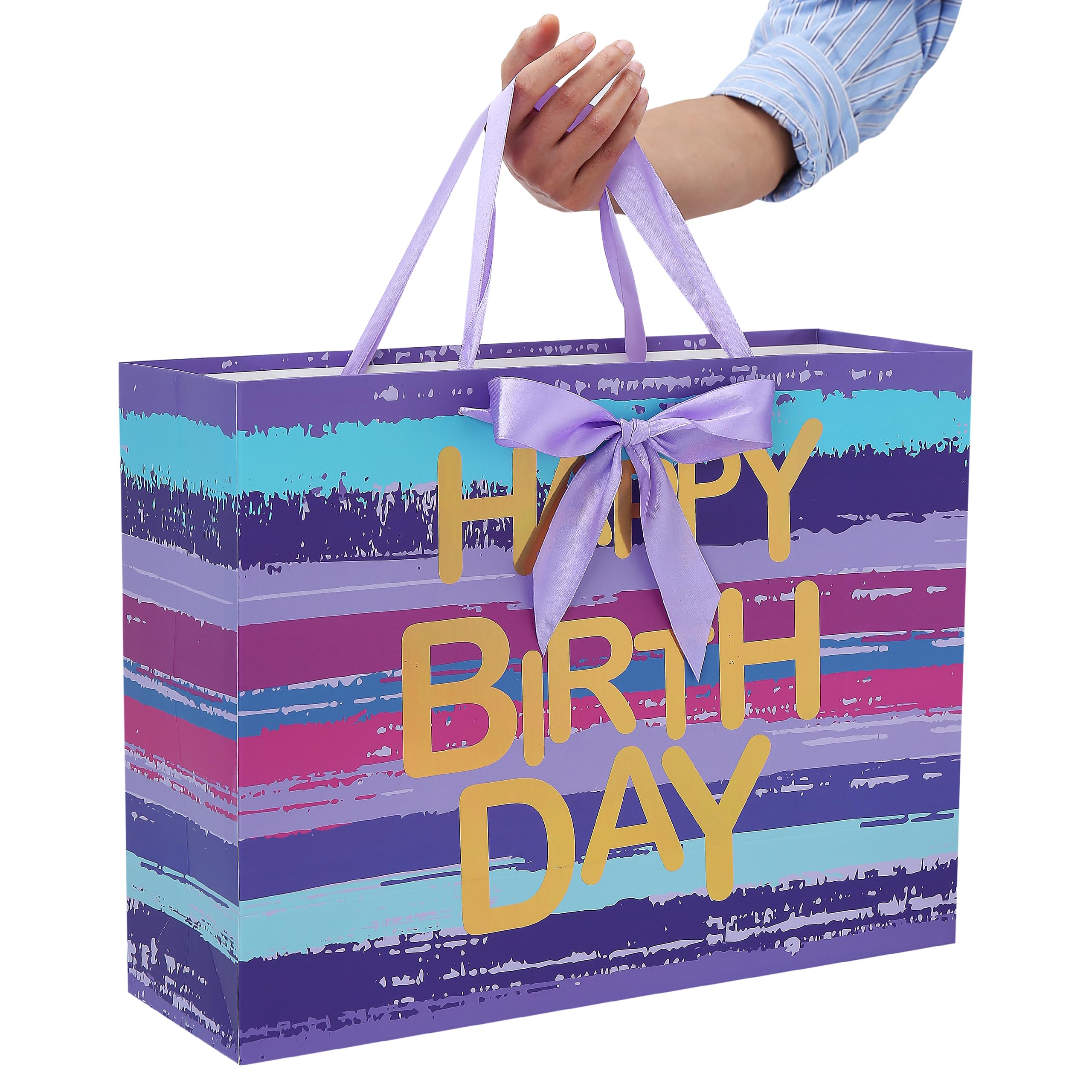 16.5” Extra Large Purple-blue Multicolor Watercolor Gift Bag Set with Greeting Card and Lavender Tissue Papers (Gold Foil ‘Happy Birthday’) for Women's or Men's Birthday Party, Girls', Boys' or Kids' Party, Baby Shower, Baby Girl or Boy -16.5”x5.5”x12.6”,