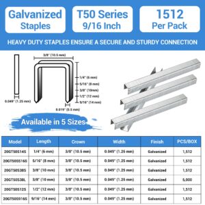 meite T50 Staples, 9/16 Inch Heavy Duty Staples for Staple Gun, 20 Gauge 3/8 Inch Crown Galvanized Upholstery Staples Staple Gun Staples (1,512 Counts)