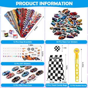 Vanblue 110Pcs Race Car Party Favors Race Car Birthday Party Supplies Straw Bubble Slap Bracelet DIY Sticker Toy Gift Boy Kid Treat Candy Bags Stuffers Themed birthday Decorations Classroom Reward