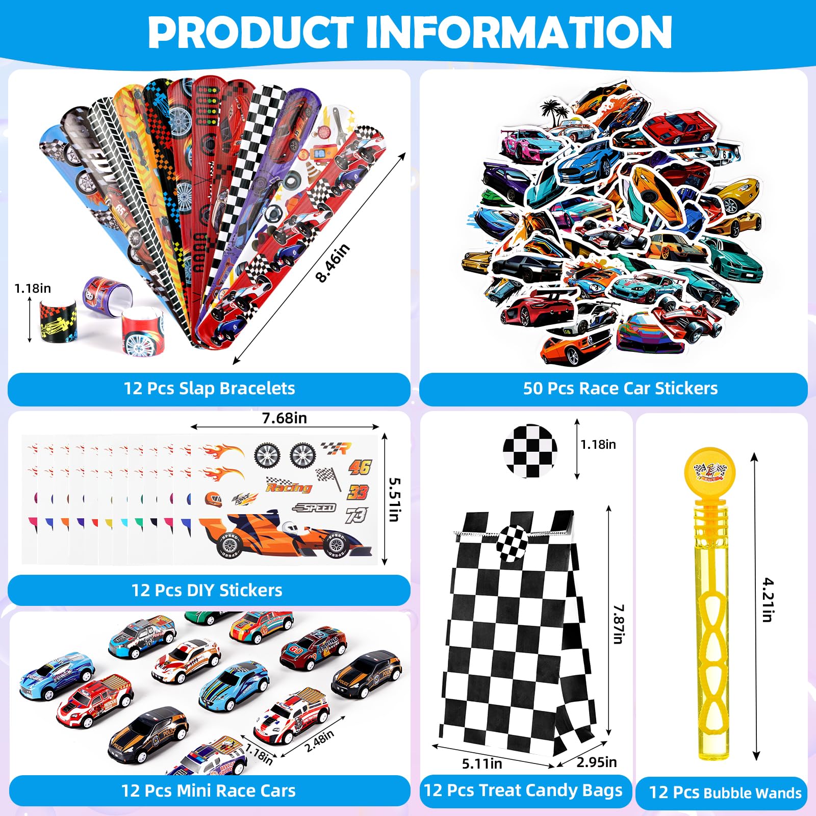 Vanblue 110Pcs Race Car Party Favors Race Car Birthday Party Supplies Straw Bubble Slap Bracelet DIY Sticker Toy Gift Boy Kid Treat Candy Bags Stuffers Themed birthday Decorations Classroom Reward