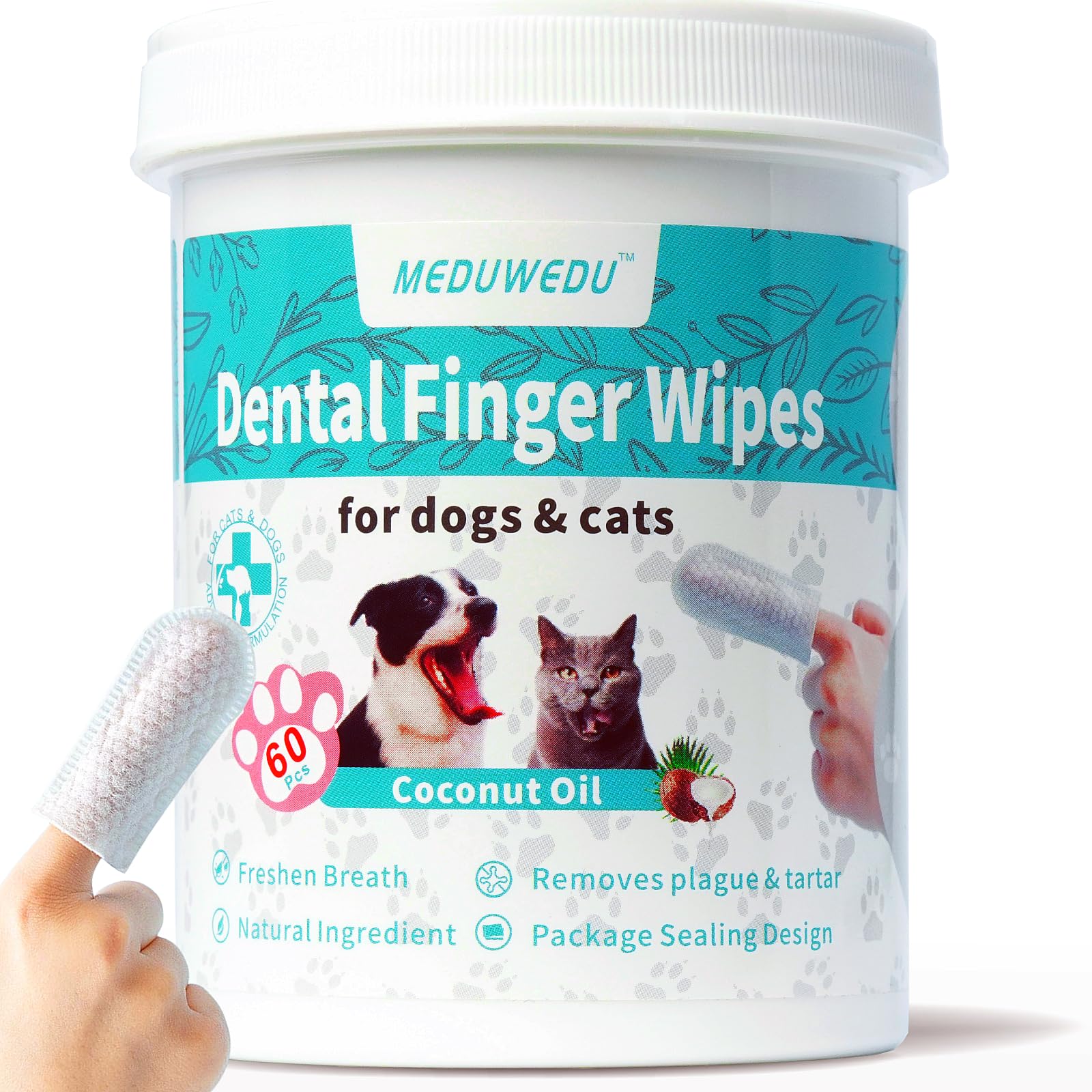 MEDUWEDU Dental Care Finger Wipes 60 Counts,Teeth Cleaning Finger Wipes for Dogs & Cats,Reduces Plaque & Freshens Breath, Coconut Scent