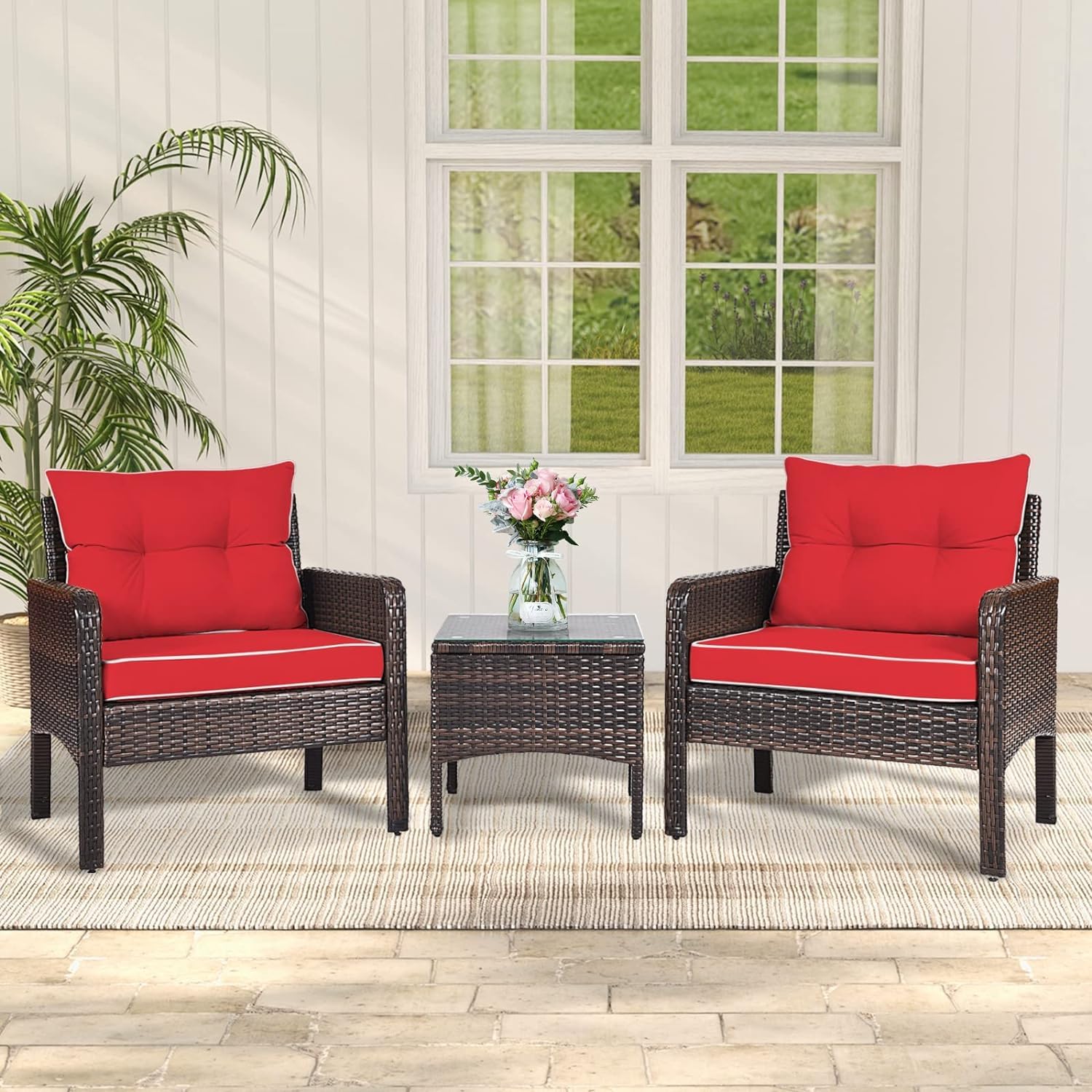 LDAILY Patio Furniture Set, 3 Pieces Outdoor Rattan Patio Chairs with Comfortable Cushion & Glass Tabletop, Outdoor Furniture Wicker Conversation Set for Porch, Balcony, Garden, Poolside (Red)