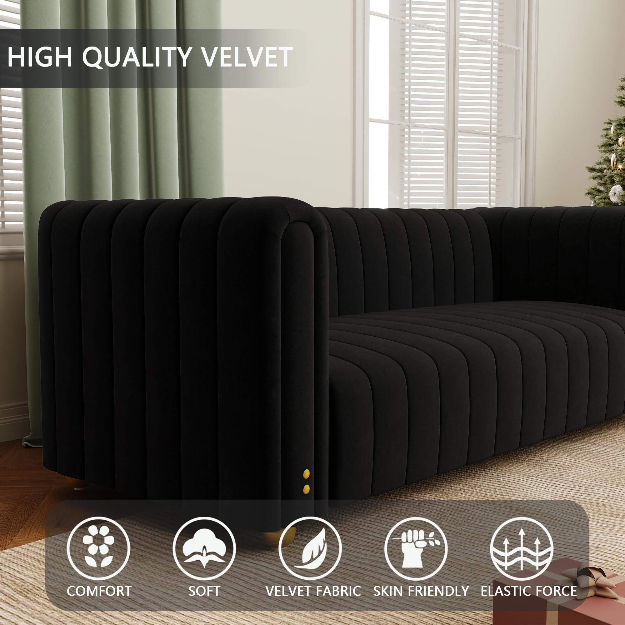 BuLaXong Velvet Couch Modern Tufted Sofa 3-Seater with Metal Ball Legs and Rounded armrest, Suitable for Living Room, Hotel, Office, or Apartment (01-black-51)