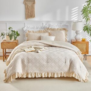 tufted ruffle comforter set twin size, 3 pieces beige ruffled farmhouse comforters, luxury solid color soft and embroidery shabby chic boho bohemian bedding set for kids(1 comforter + 2 pillowcases)