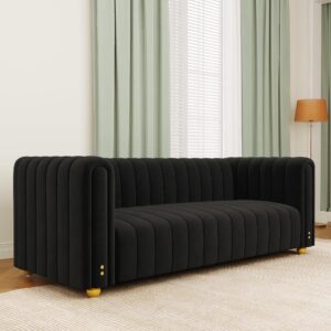 bulaxong velvet couch modern tufted sofa 3-seater with metal ball legs and rounded armrest, suitable for living room, hotel, office, or apartment (01-black-51)