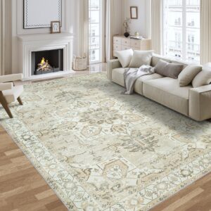 area rugs 9x12 living room: washable rug boho bedroom rug stain resistant ultra-thin non-slip indoor carpet vintage rug for bedroom dining room kitchen farmhouse office under table 9 x 12, beige