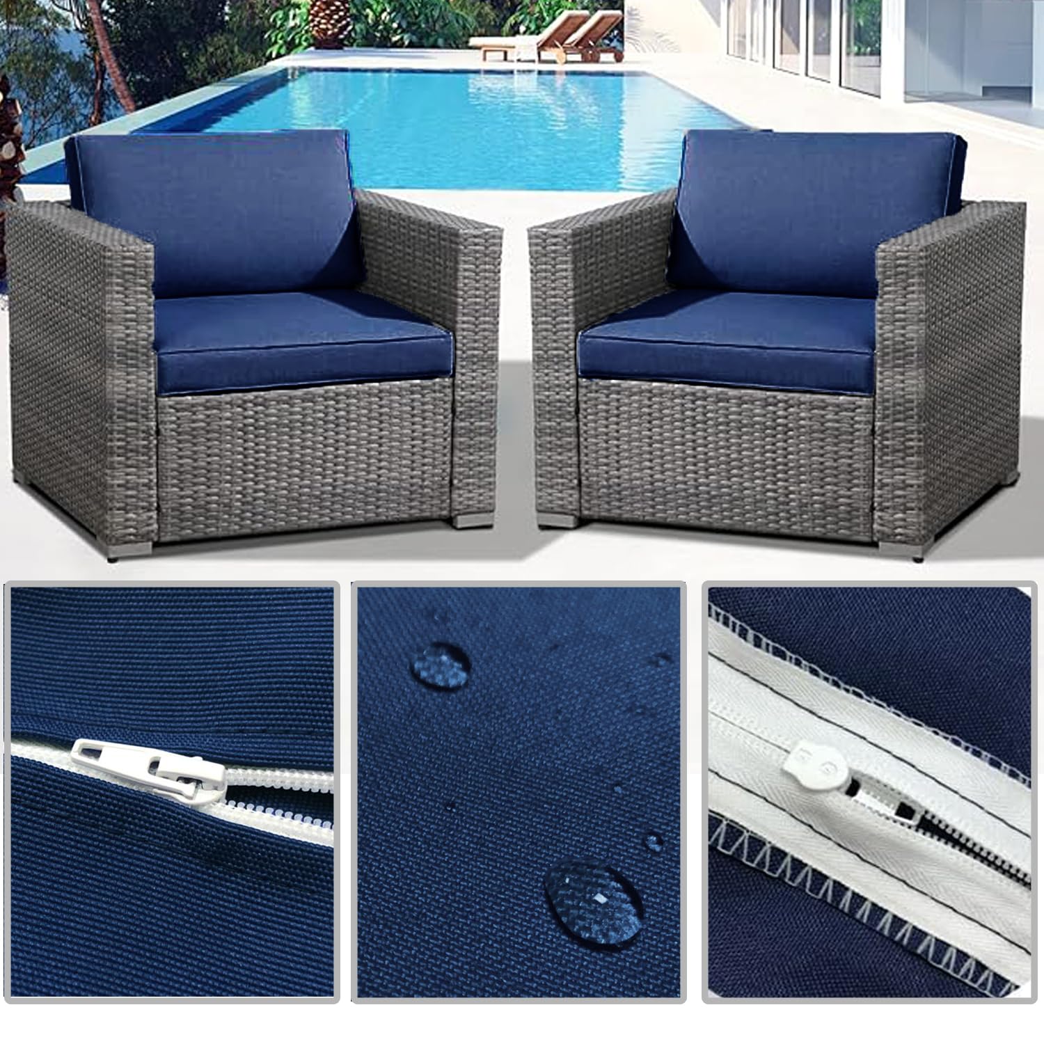 TECOSARA Patio Cushion Covers Replacement Outdoor Seat Cushions Cover for Patio Furniture, Deep Seat Bottom and Back Cushion Cover Set for Chair, Sofa and Couch, 2Packs, 28x28x6/28x13x6, Blue