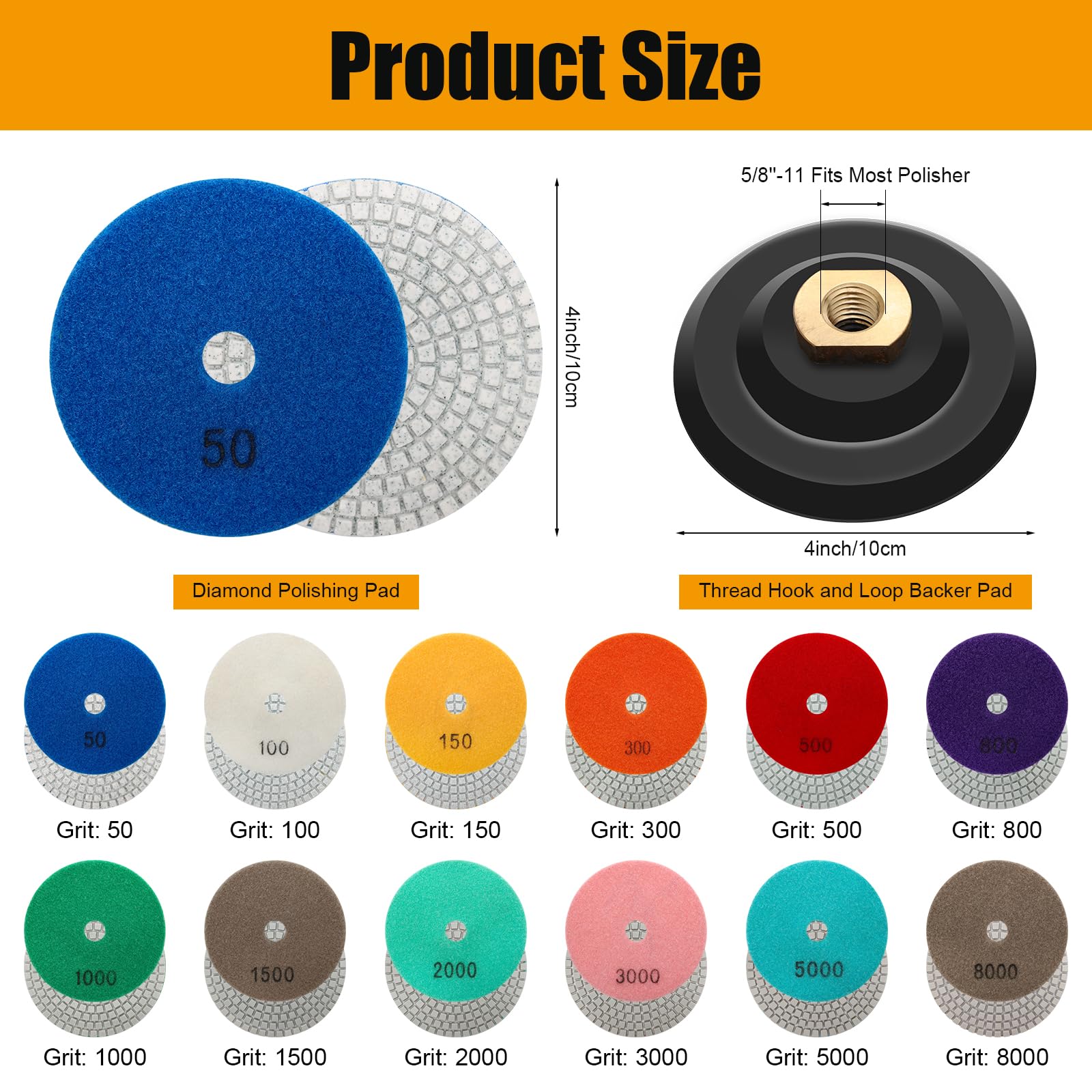 13 Packs 4 Inch Diamond Polishing Pads with Backer Pad, COITEK Wet/Dry Polish Pad Kit for Drill Grinder Polisher 50-8000 Grit Pads for Granite Marble Concrete Polishing