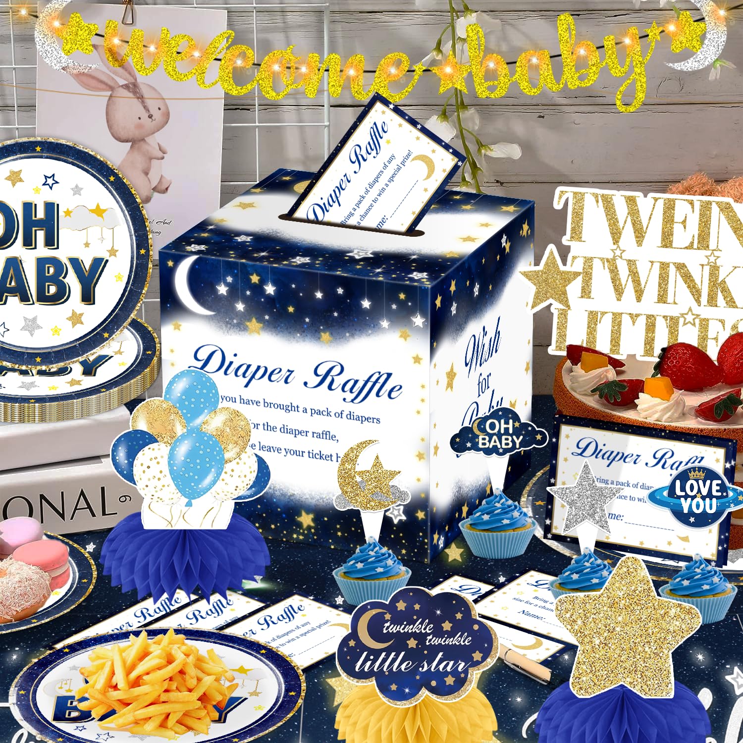 202pcs Twinkle Twinkle Little Star Baby Shower Decorations, Twinkle Twinkle Little Star Gender Reveal Decorations, Navy Blue White Gold Moon and Stars Baby Shower Decorations for Baby Gender Reveal