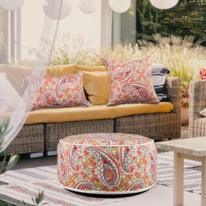 Anglechic 3 Pcs Indoor Outdoor Inflatable Ottoman Inflatable Lumbar Pillow and Toss Pillows, Fade Resistant Round Footrest Stool D21''x H9'', Portable for Patio Garden Camping or Home (Paisley)