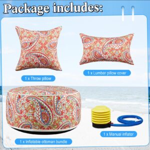 Anglechic 3 Pcs Indoor Outdoor Inflatable Ottoman Inflatable Lumbar Pillow and Toss Pillows, Fade Resistant Round Footrest Stool D21''x H9'', Portable for Patio Garden Camping or Home (Paisley)