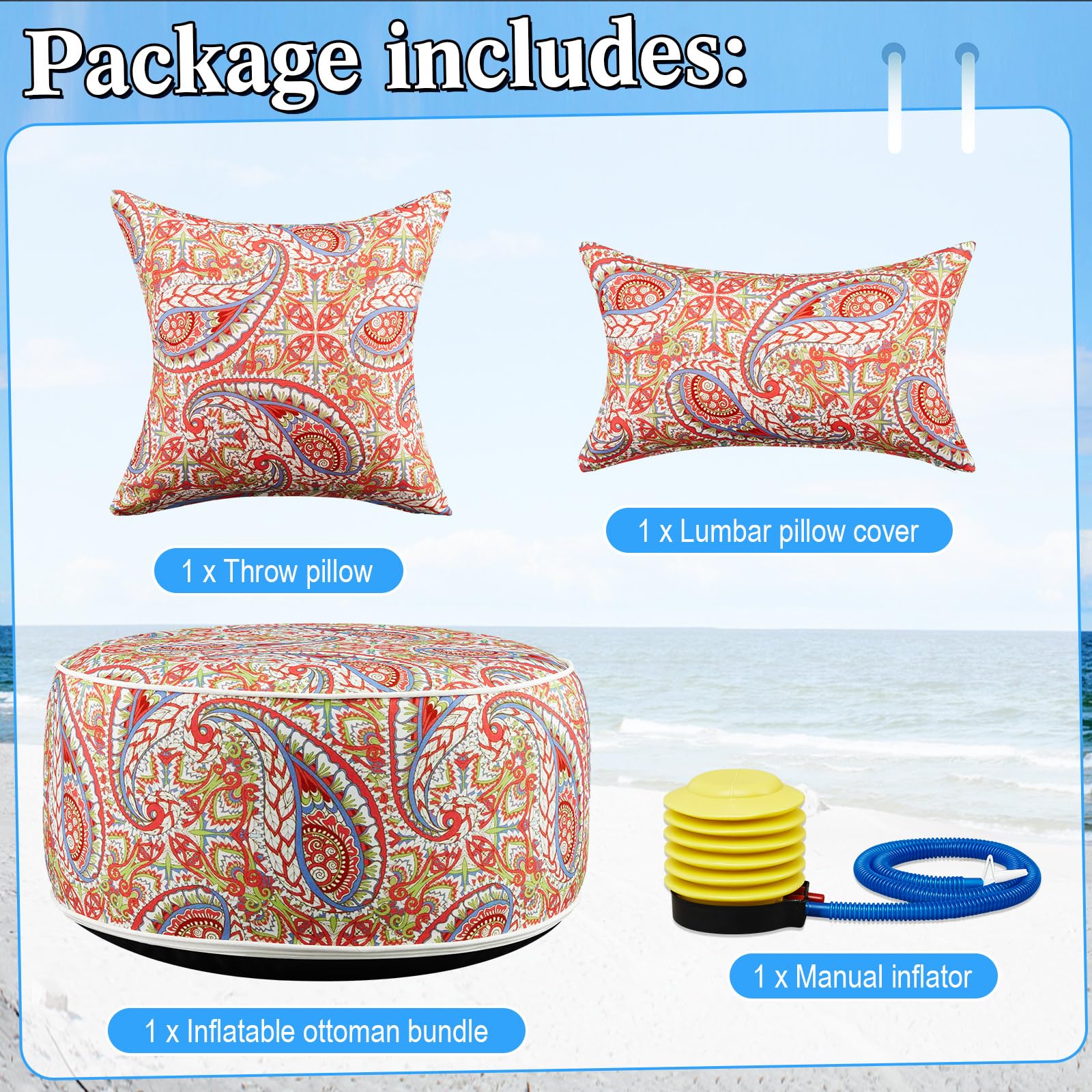 Anglechic 3 Pcs Indoor Outdoor Inflatable Ottoman Inflatable Lumbar Pillow and Toss Pillows, Fade Resistant Round Footrest Stool D21''x H9'', Portable for Patio Garden Camping or Home (Paisley)