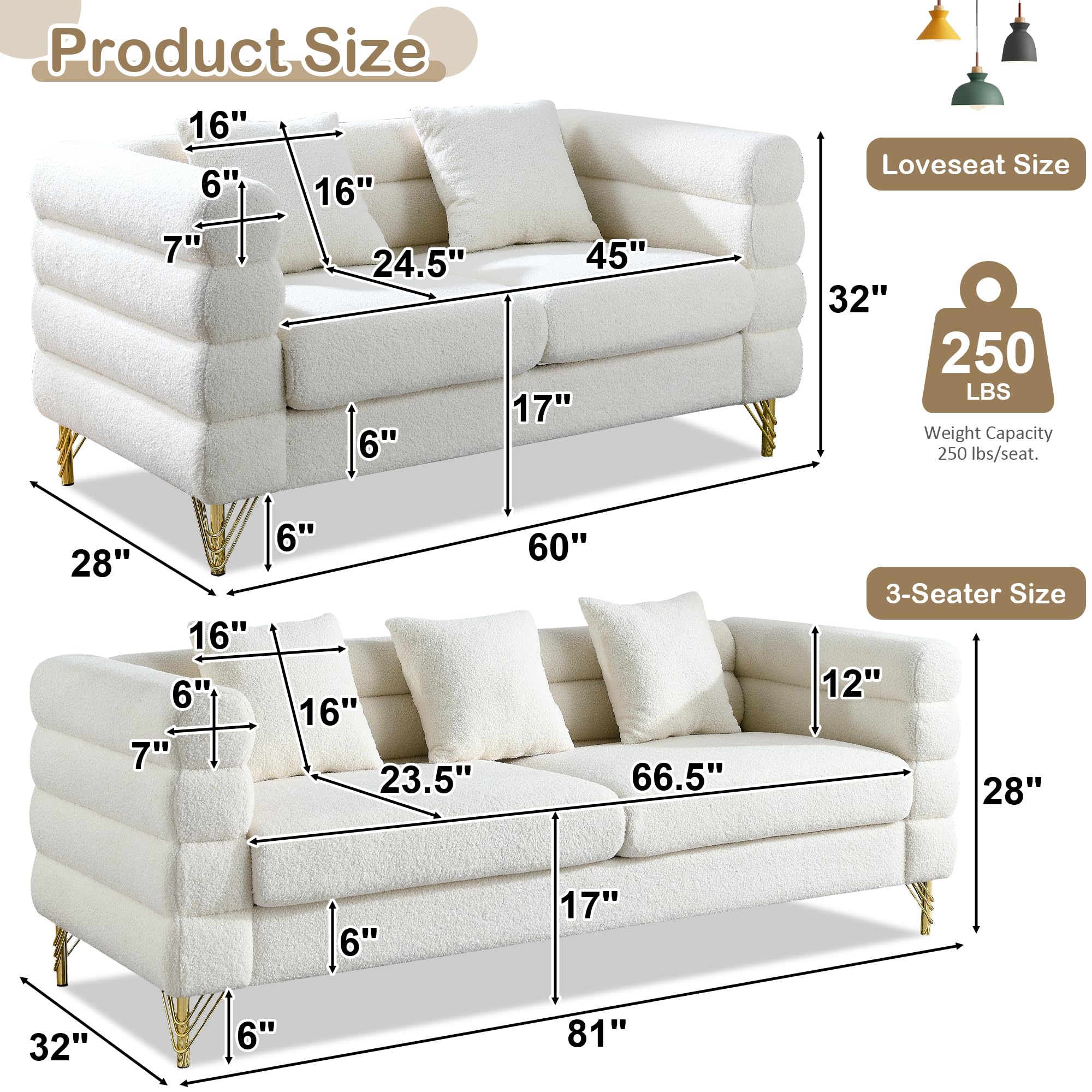 ATUMON Modern White 2 Pieces 81" 3-Seater Teddy Fabric Sectional Sofa Set,Comfort Fabric Sectional Sofa-Deep Seating Sectional Sofa with 6 Pillows,Solid Wood Frame+Gold Metal Legs…