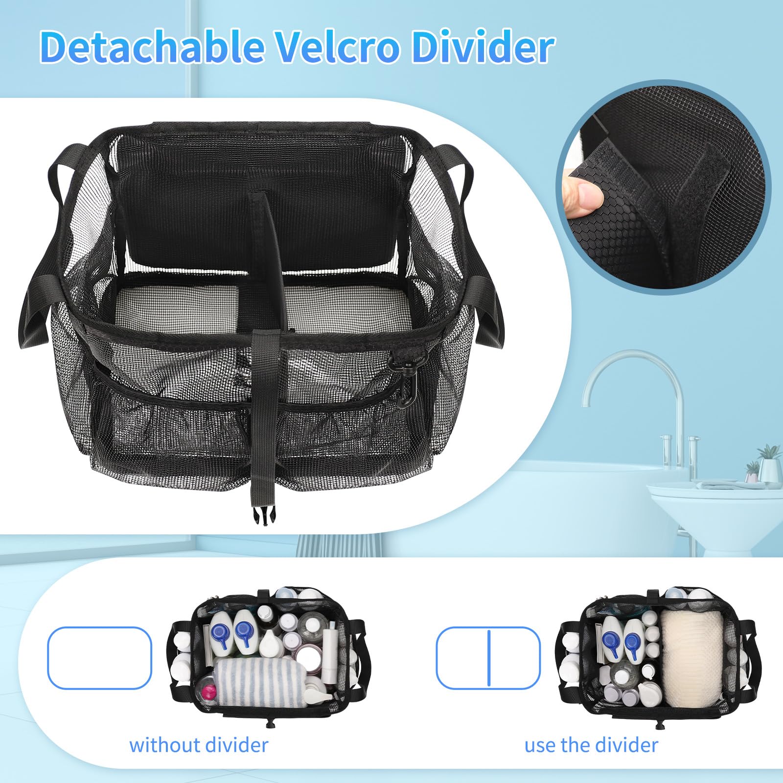 CUBETASTIC Mesh Shower Caddy Portable, Quick Dry Hanging Toiletry Bag for College Dorm Essentials with 4 Pockets/Divider/Plastic Bottom, Travel Tote Bag for Camping, Bathroom, Beach, Swimming, Gym