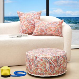 Anglechic 3 Pcs Indoor Outdoor Inflatable Ottoman Inflatable Lumbar Pillow and Toss Pillows, Fade Resistant Round Footrest Stool D21''x H9'', Portable for Patio Garden Camping or Home (Paisley)