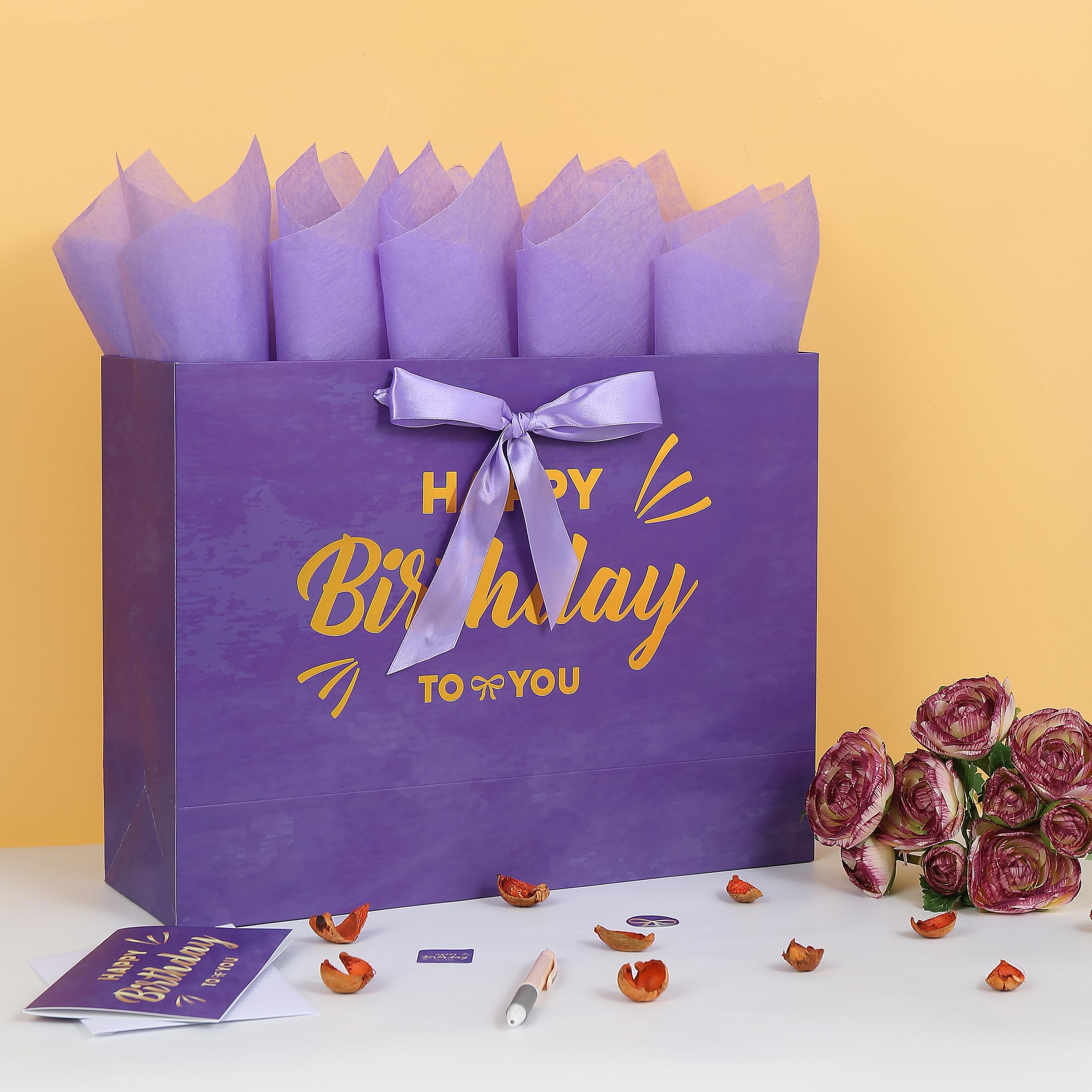 16.5" Extra Large Purple Painting Gift Bag Set with Greeting Card and Lavender Tissue Papers (Gold Foil Happy Birthday) for Women's Birthday Party, Girls' Birthday Parties, Baby Shower, Baby Girl - 16.5”x5.5”x12.6”, 1 Pcs.