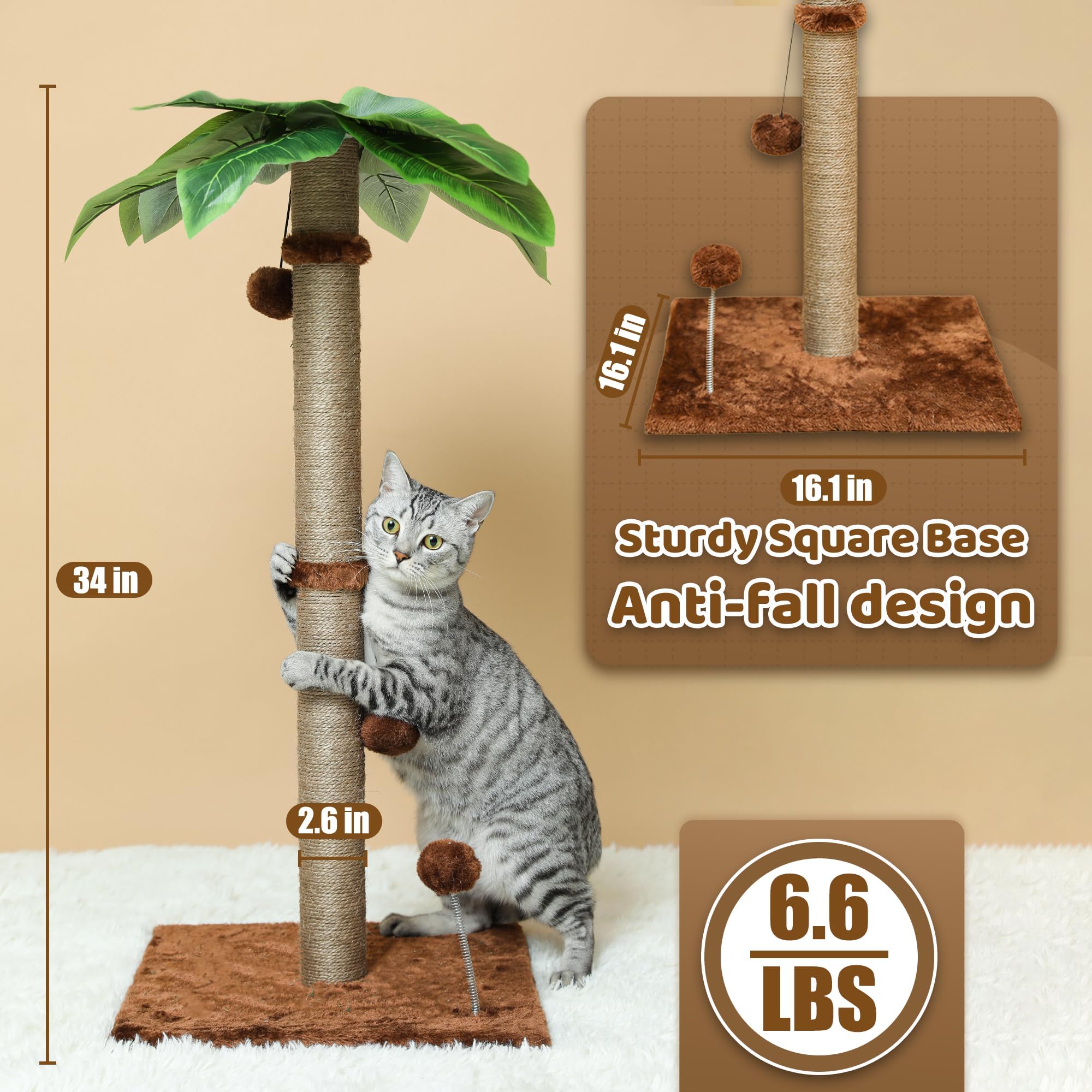 34'' Tall Palm Cat Tree, Cat Scratching Post, Kitten Cat Scratch Cute Scratcher for Indoor Cats with Hanging Dangling Toy Balls for Large Cats and Kittens, Brown