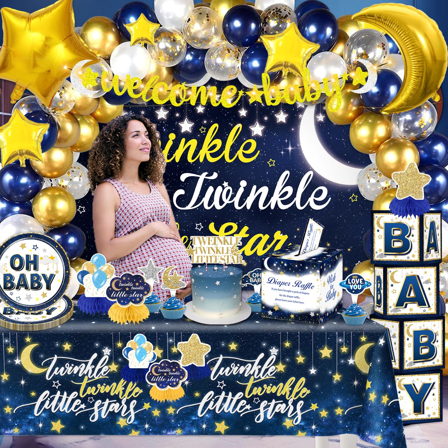 202pcs Twinkle Twinkle Little Star Baby Shower Decorations, Twinkle Twinkle Little Star Gender Reveal Decorations, Navy Blue White Gold Moon and Stars Baby Shower Decorations for Baby Gender Reveal