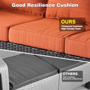 ovios Patio Furniture Set, 5 Piece Outdoor Wicker High Back Sofa with Comfy Cushions Ottomans, All Weather Conversation Set, Brown Rattan Orange Red