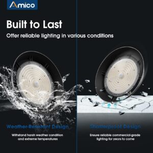 Amico 250W 4 Pack UFO LED High Bay Light, 35,000lm LED High Bay Lights, AC100-277V High Bay LED Lighting with US Hook 5' Cable for Gym Factory Barn Warehouse, UL Listed