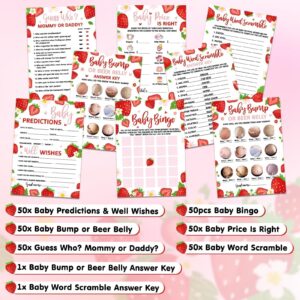 Sinasasspel 302pcs Strawberry Baby Shower Game Set Pack of 6 Activities for 50 Guests Includes Baby Shower Bingo, Baby Bump Or Beer Belly, Baby Word Scramble and More, Each 5x7 Inches