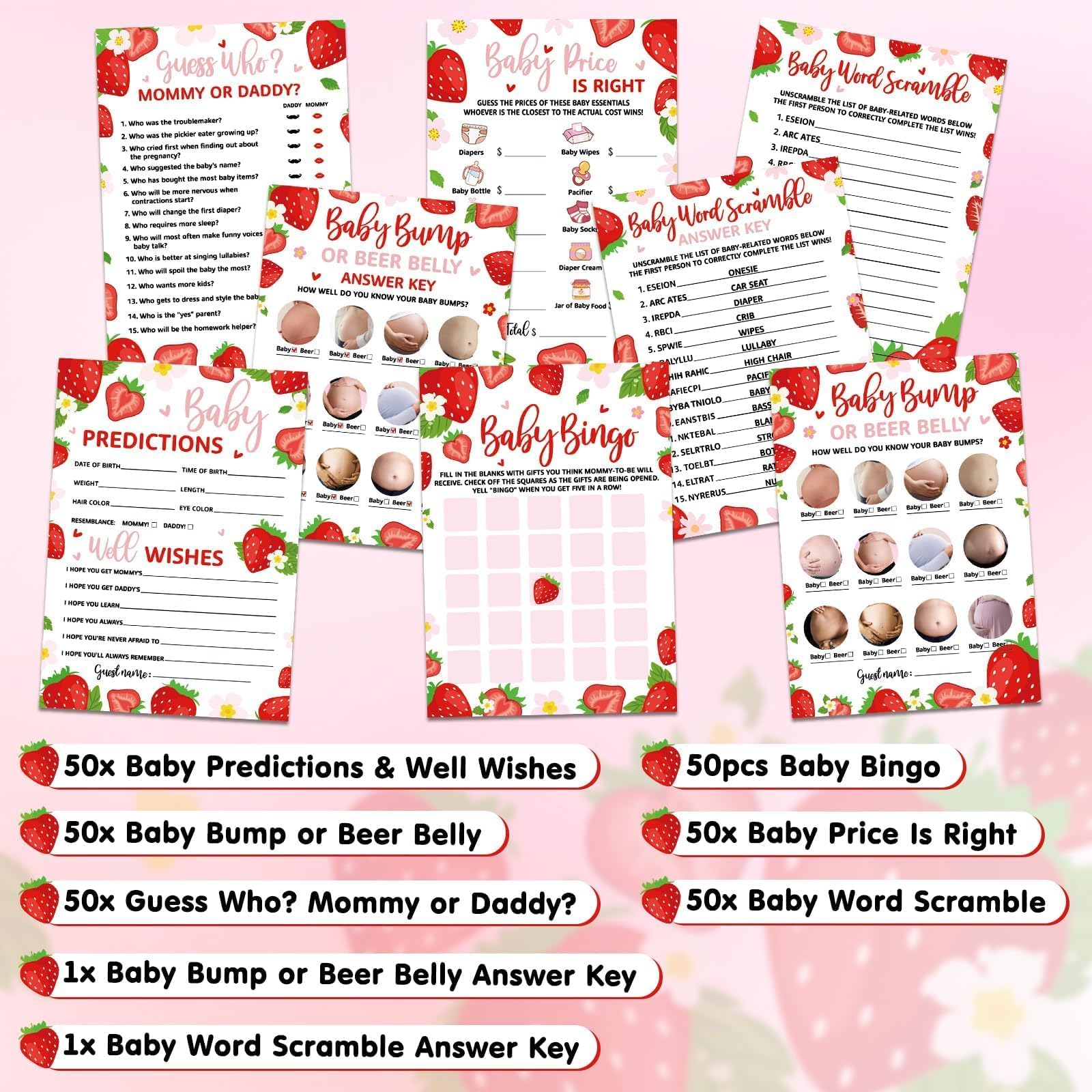 Sinasasspel 302pcs Strawberry Baby Shower Game Set Pack of 6 Activities for 50 Guests Includes Baby Shower Bingo, Baby Bump Or Beer Belly, Baby Word Scramble and More, Each 5x7 Inches