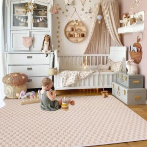 Aimuan Checkered Print Area Rug Cute Checkerboard Rugs Soft Shaggy Carpets Back Non-Slip Mat for Kids Bedroom Living Room Nursery Home Decor (Beige,3x5 Feet)